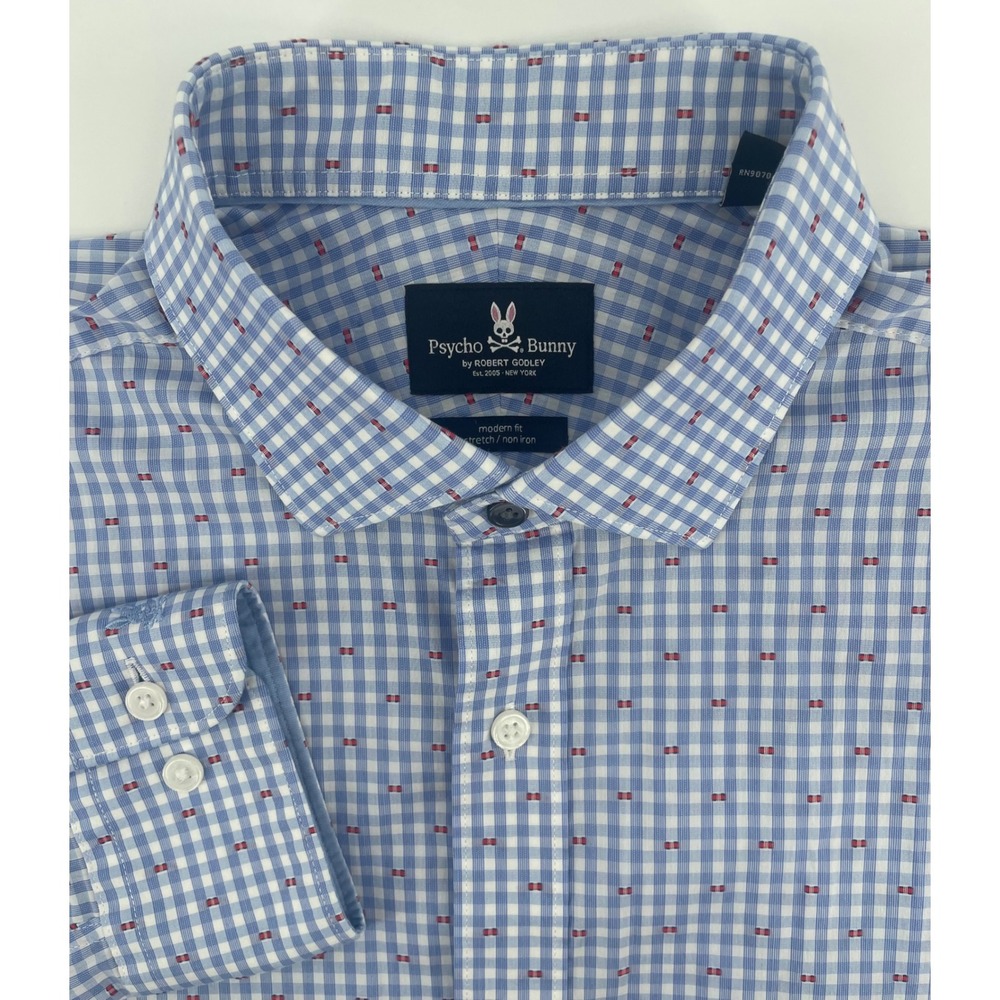 Psycho Bunny Dress Shirt Mens 16 34/35 Blue Gingham Stretch Non Iron Modern Fit